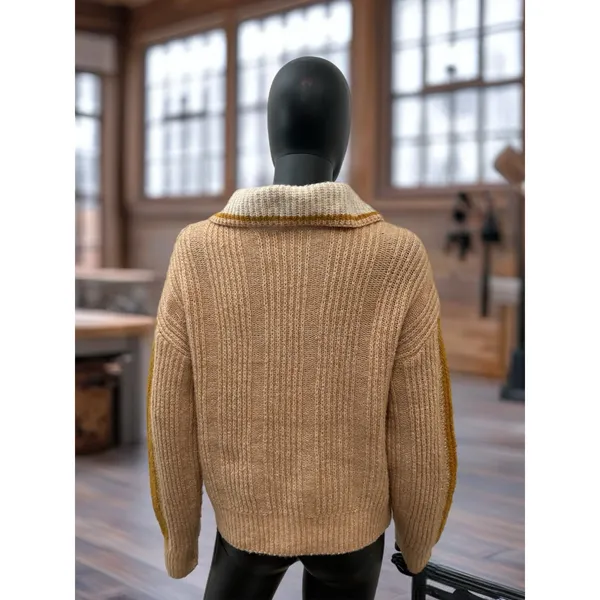 SHEIN Beige Knit Sweater M, Cozy V Chevron Design, Soft Fall‎ Winter Pullover - Image 3