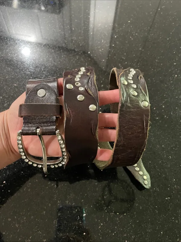 Dark Brown Leather Studded & Rhinestones Silver Tone Buckle Belt - Image 2