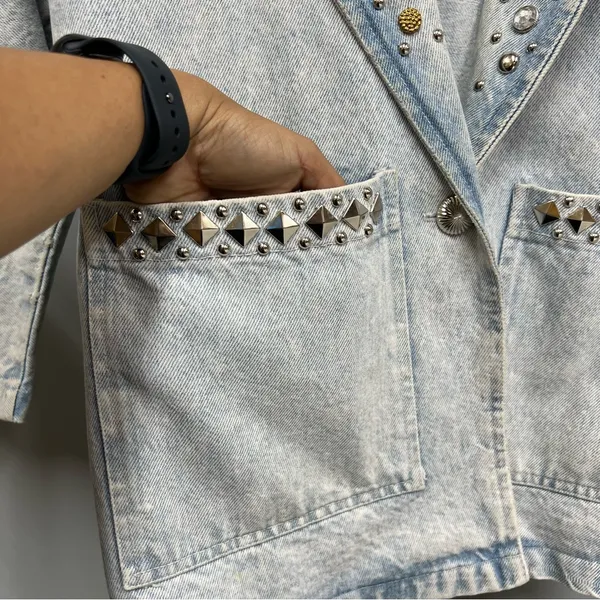 80's Vintage M BLUE Jean Jacket acid washed out studded - Image 6