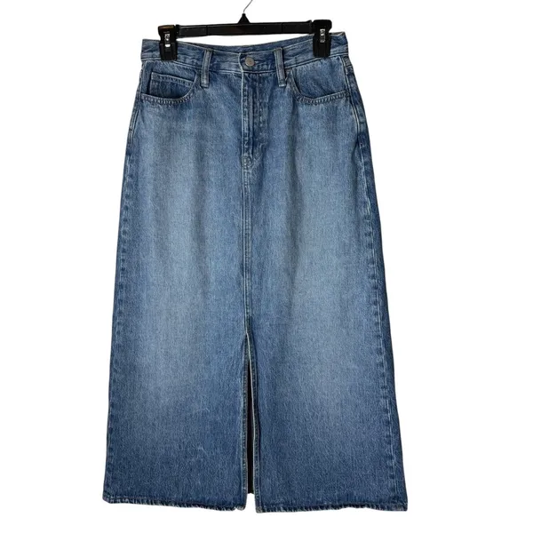 Uniqlo Denim Midi Skirt Women 10 Blue Medium Wash Front Slit Straight Jean - Image 2