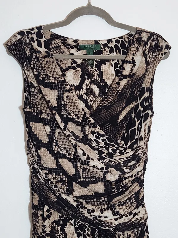 Lauren Ralph Lauren Black and Tan Snakeskin Print Faux Wrap Dress Size 8 - Image 2