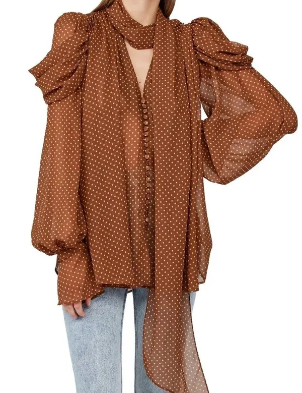 Revolve Acler Swansea Puff-Sleeve Polka-Dot Georgette Tie-Neck Top. Size 6 - Image 2