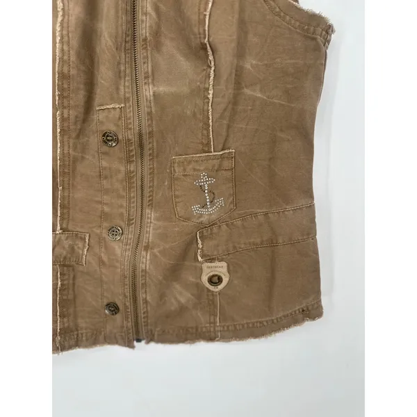 MURMUR Vest Women M Brown Moto Rhinestone Anchor Studded Y2K Utility Gorpcore - Image 3