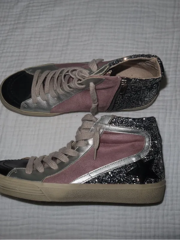 Women’s High-Top Sneaker in Dusty Pink with Silver Glitter - Image 2