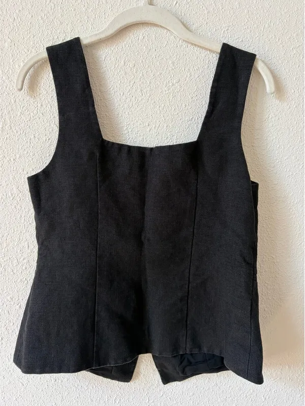 Sézane Zelinda Blouse Noir Linen Vest Size 38 US 6 Minimalist Neutral Coastal - Image 2