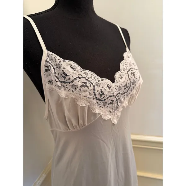 Vintage Maxi Nightgown Lace Trim Front Slit Slip Dress Coquette Bridal Lingerie - Image 2