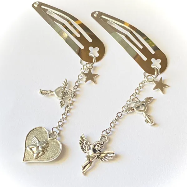 Handmade star & cherub & angel heart key chain dangle Kawaii hair clips set of 2⭐️👼💕 - Image 2
