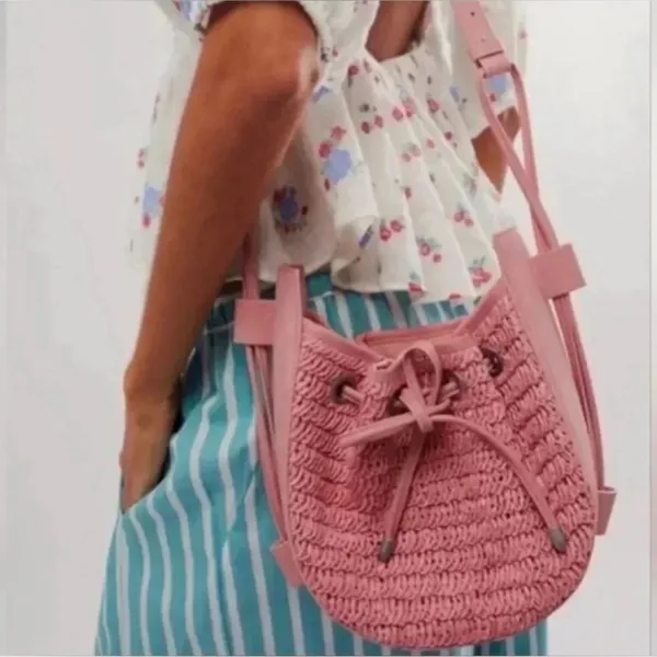 Free People Cabana Woven Drawstring Crossbody Bag in Pink - Image 2