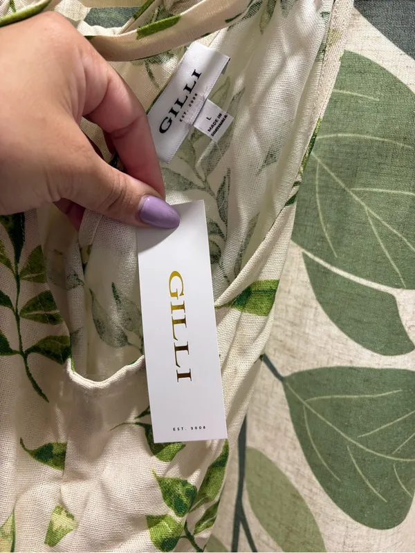 Gilli Cream Linen-Blend Leaf Print Tie-Strap Romper - Image 3