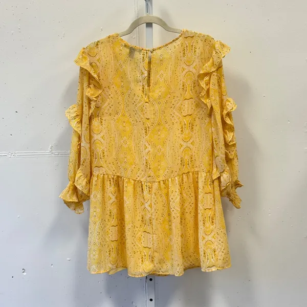 Forever 21 Yellow Paisley Ruffle Mini Dress Long Sleeve Smocked Cuffs Size Small - Image 2
