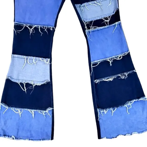 Retro 70’s vibe patchwork look high rise stretchy flared leg jeans! New! - Image 3