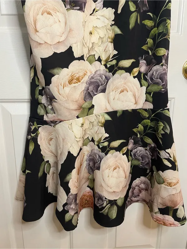 ASOS Black Floral Strapless Midi Dress Midsection Cutout Size 10 dark romance - Image 2