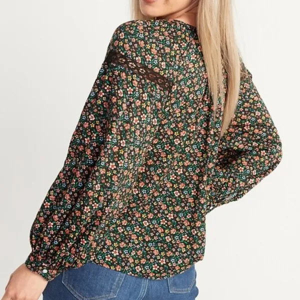OLD NAVY Long Sleeve Lace Trimmed Floral Print Blouse Brown Button Cottagecore - Image 3