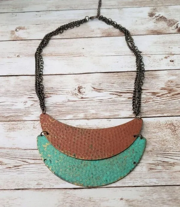 Vintage Necklace Statement Metal Necklace with Green & Orange Tones - Image 2