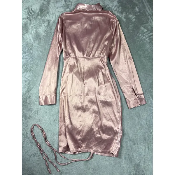 Akira Blush Pink Satin Ruched Midi Dress Large Cutout Button Front - Image 6