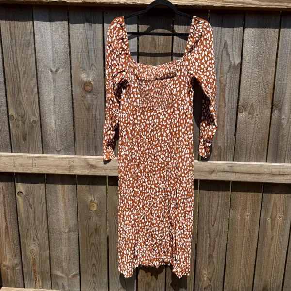 Forever 21 Rust Brown White Abstract Pebble Print Smocked Midi Dress Large - Image 3