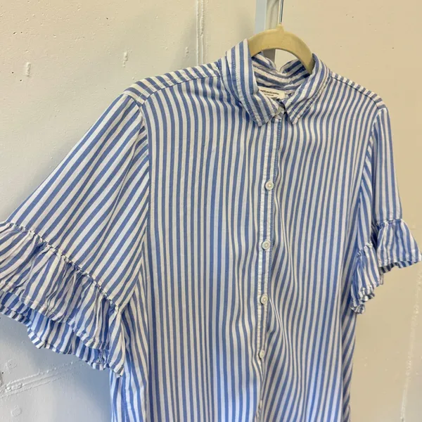 Beachlunchlounge Blue White Striped Ruffle Sleeve Button Down Shirt Womens Med - Image 5