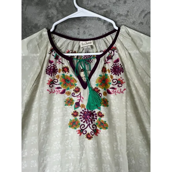 Natural Life Live Happy Embroidered Floral Boho Peasant Tunic Blouse Top S New - Image 2