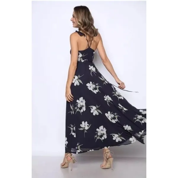 Lulus All Mine Navy Blue Floral Print High-Low‎ Wrap Dress M 65229 NWT - Image 4