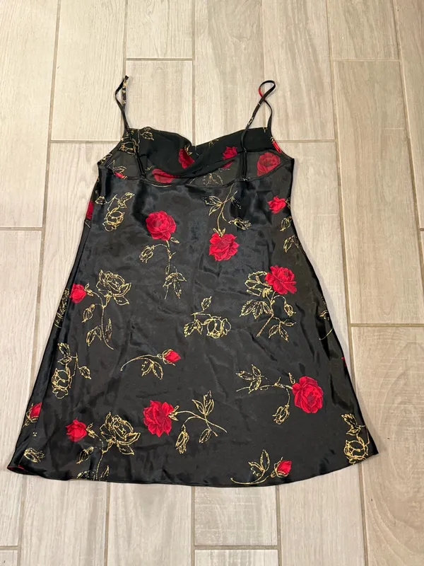 Vintage 1990 Satin Floral Slip Dress Black with Red Roses - Image 5