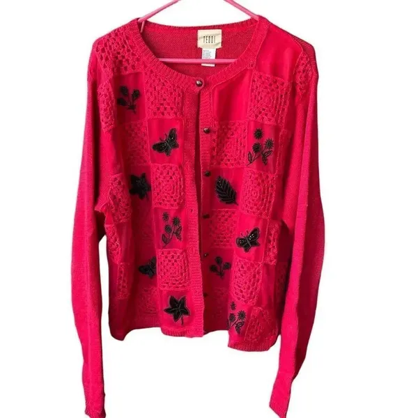 Teddi size XL beaded crocheted button front cardigan. Red - Image 2