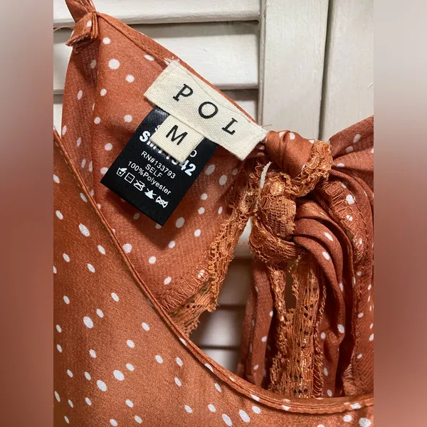 POL Burnt Orange White Polka dot Cami Open Tie Back Lace Trim Size M‎ - Image 3