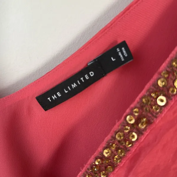 The Limited 100% Silk Coral Pink + Gold Beaded Layered Ruffle Blouson Tank Top - Image 5