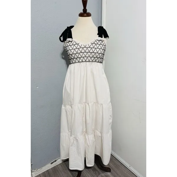 Women Ivory Smocked‎ Tiered Tie Straps Maxi Peasant Dress Size L 100% Cotton - Image 4