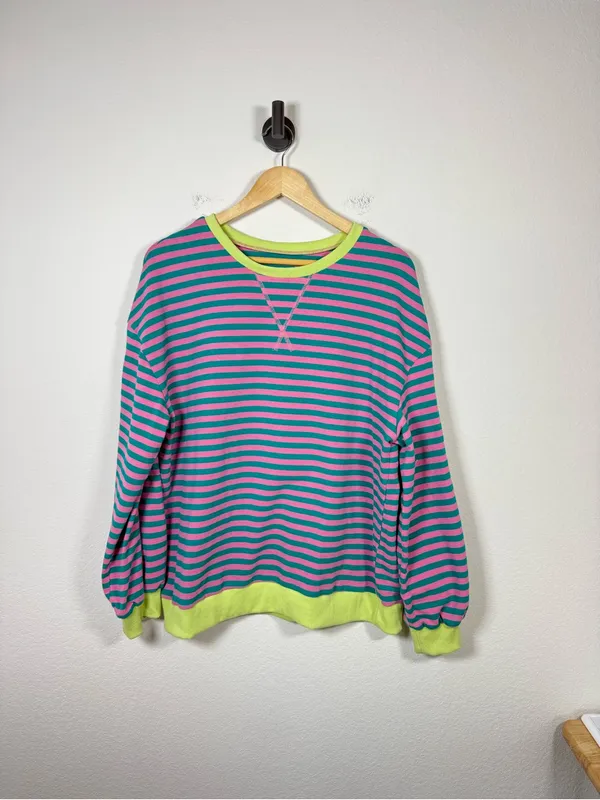 Pink Teal Striped Cotton Blend Crewneck Sweatshirt Size M - Image 3