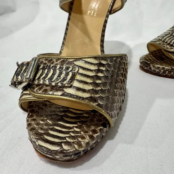 Christian Louboutin Roccia Python Double Buckle Metallic Pin Heel Sandals 39 - Image 6
