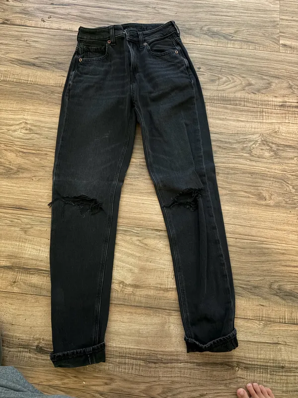 American Eagle Black Denim Distressed Mom Jeans - Image 2