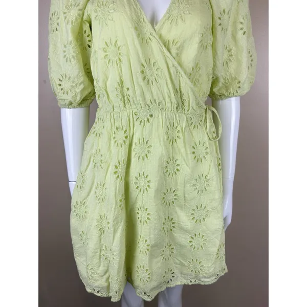 Zara Women’s XS Lime Green Eyelet Mini Wrap Dress Puff Sleeve Lined Cotton - Image 3