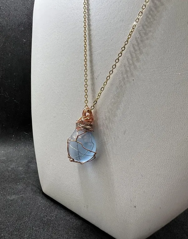 Handmade Ocean Blue glass wired gold chain necklace - Image 2