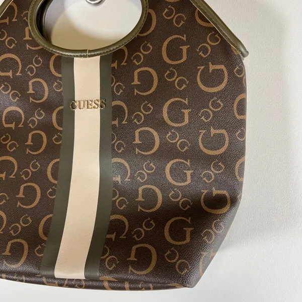 Guess Monogram Cutout Handle‎ Tote Bag Brown Olive Green Logo Print Lunch Bag - Image 4