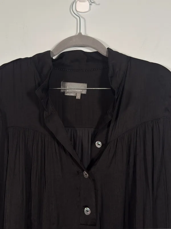 Anthropologie Black V-Neck Gathered Long-Sleeve Relaxed Henley Blouse L - Image 4