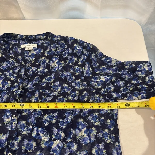 Liz Claiborne Long‎ Sleeve Blouse XL Blue Sheer Floral Button Top Cottagecore - Image 8