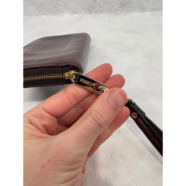 Fossil Logan Zip Around Clutch Wallet Burgundy Leather Teal Interior Wristlet - Image 12