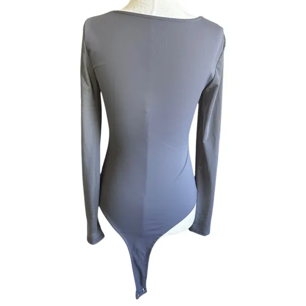Pinkm Style Women Medium Gray Corset Mesh Long Sleeve Square Neck Bodysuit |0199 - Image 3