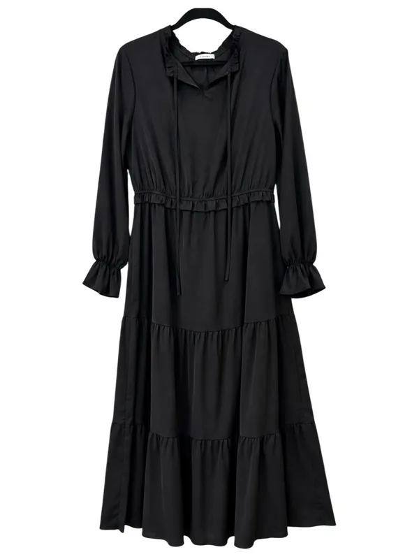 Boutique Black Tiered Ruffle Maxi Dress XL Long Sleeve Boho Romantic - Image 3