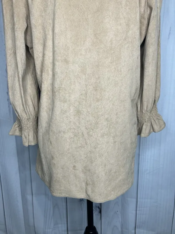 Aryeh Tunic Top Faux Suede Tan Camel V-Neck Smocked Ruffle Cuff Sz L Boho Chic - Image 9