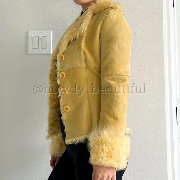 New Label SheepSkin Cream Yellow Leather Button Up shearling Jacket - Image 12