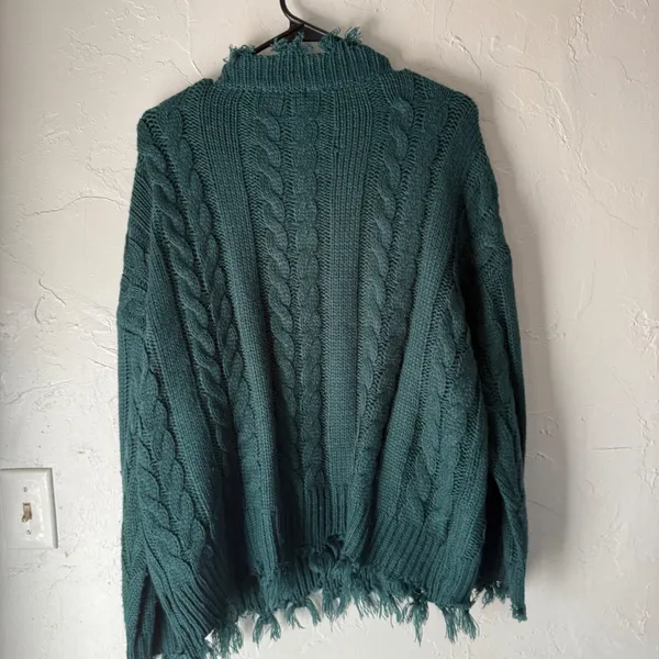 Entro Womens M Green Cable Knit V Neck Distressed Fringe‎ Sweater Boho Western - Image 8