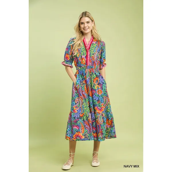 Umgee Mix‎ Floral Midi Dress with Ruffle Trim - Navy Mix - Small - Image 5