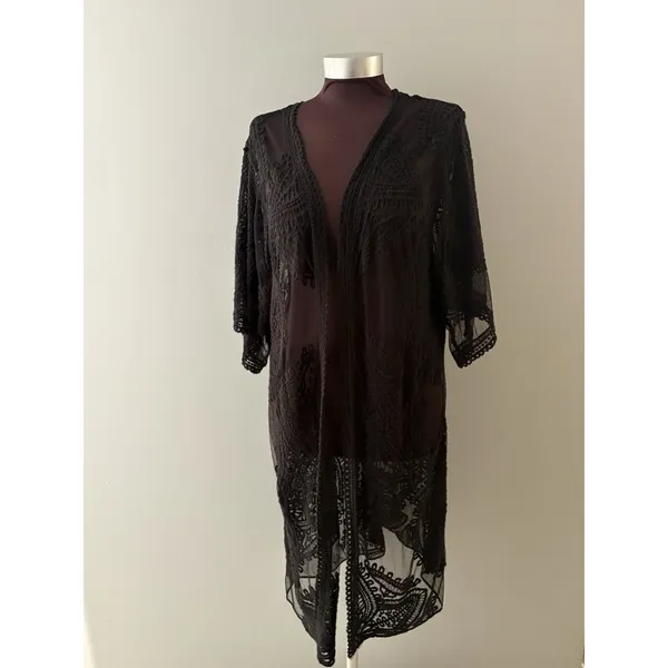 Black Mesh Lace Open Front Duster L Cardigan Boho Festival Witchy Whimsigoth - Image 3