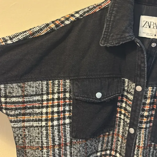 Zara Black and Plaid Jean Jacket - Image 6