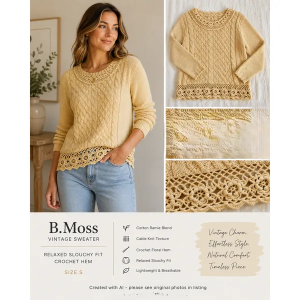 Vintage B.Moss Sweater Womens Size S Yellow Ramie Cotton Crochet Hem & Collar - Image 9