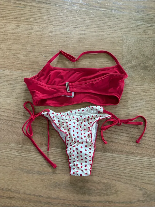 Frankie's Bikinis Red Two-Piece Bikini Set with White Polka Dot Bottom - Image 3