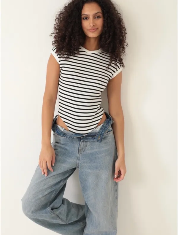 Zara Striped White and Black Short Sleeve Bodysuit - Image 5