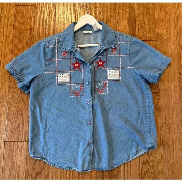 Vintage Ms. Lee denim Americana embroidered button down petite large patriotic - Image 6