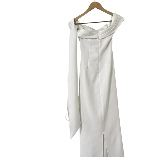 BABYBOO Addie Off Shoulder Ruched Ivory Crepe Maxi Dress - Image 5